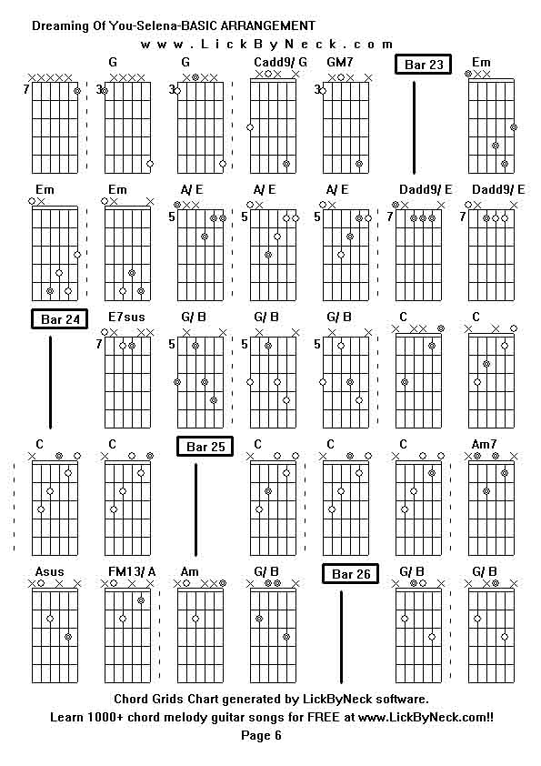 Chord Grids Chart of chord melody fingerstyle guitar song-Dreaming Of You-Selena-BASIC ARRANGEMENT,generated by LickByNeck software.